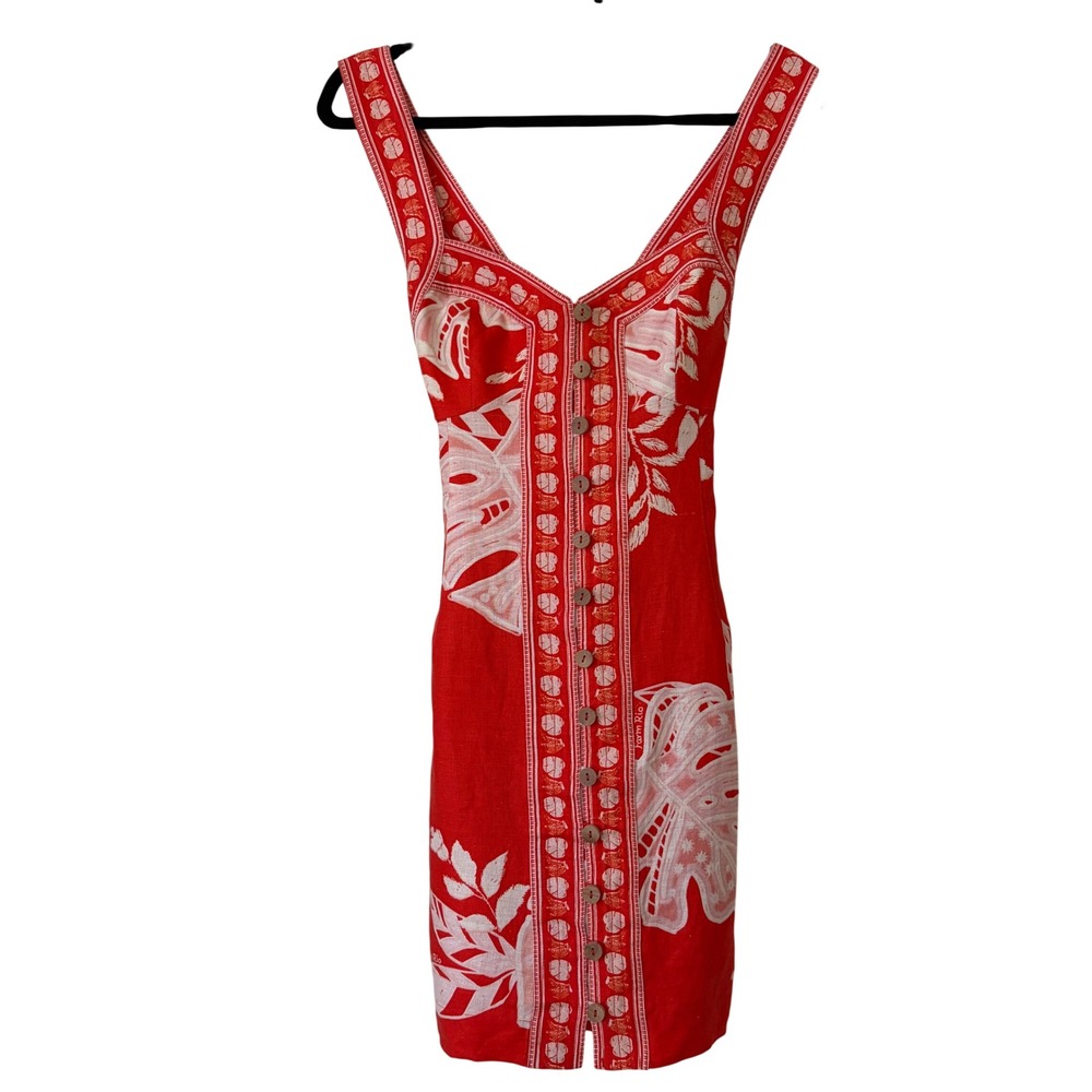 Farm Rio Vermillion Monstera Print 100% Linen Mini Dress Button Front Sz XS - Picture 2 of 13